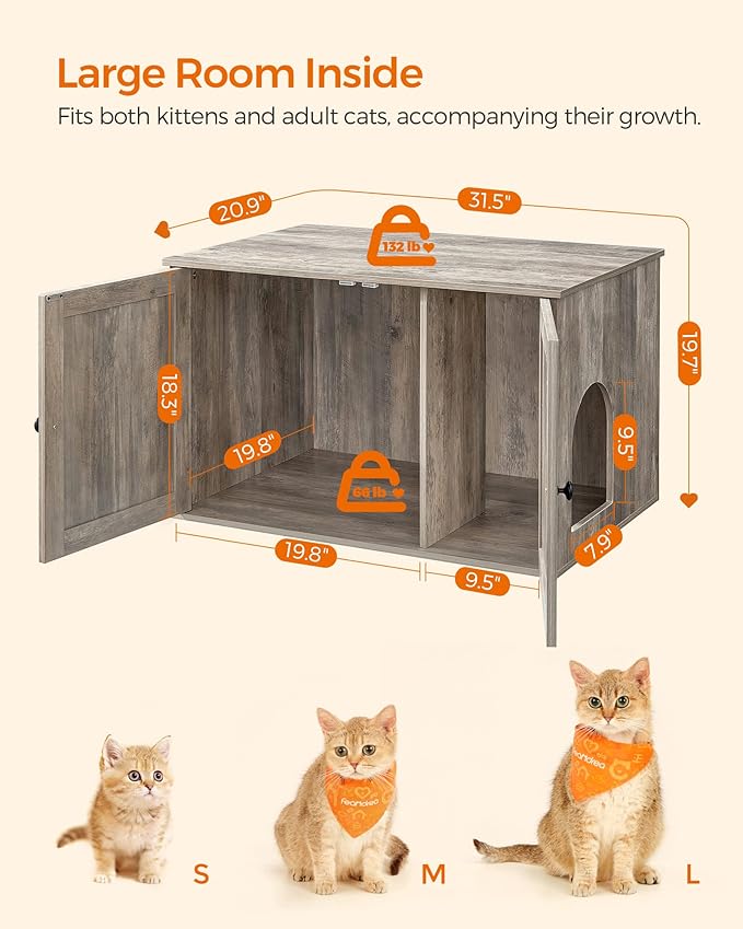 Feandrea Cat Litter Box Enclosure, Litter Box Furniture Hidden with Removable Divider, Indoor Cat House, End Table, 31.5 x 20.9 x 19.7 Inches, Greige UPCL002G01-PawvioPets