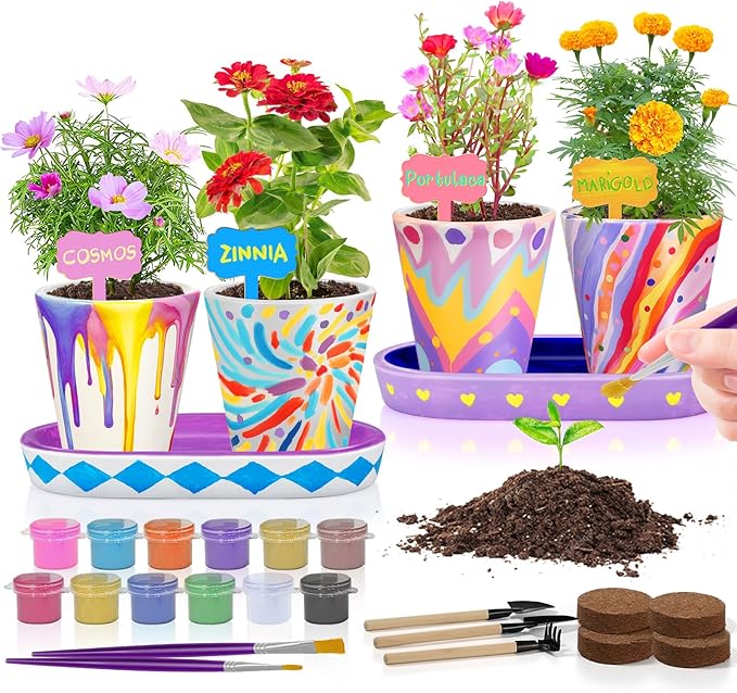 4 Set Paint & Plant Flower Gardening Kit - Gifts for Girls Ages 8-12, Arts and Crafts for Kids Ages 8-12, Kids Gardening Set, Birthday Toys Gifts for Girls Boys Ages 6 7 8 9 10 11 12-PawvioPets