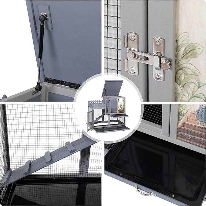 COZIWOW Double Layers Durable 38In Rabbit Hutch Indoor on Wheels, Small Animal Houses Habitat, Rolling Large Bunny Cage Outdoor with Removable Tray, Ramp, Two Story Bunny Cage（Grey with Pattern）-PawvioPets