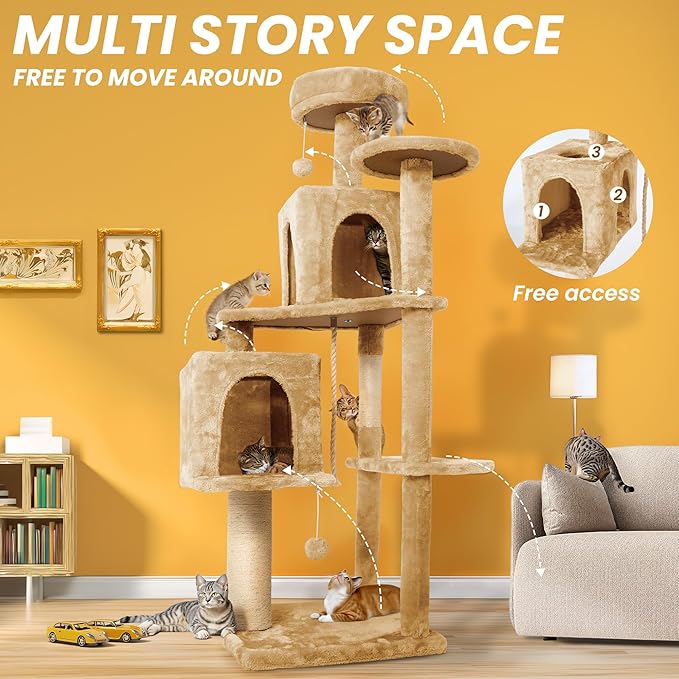 59in Large Cat Tree Tower for Indoor Cats with Soft Plush Hang Ball, Two Condos, Sisal Scratch Posts & Rope Play for Kittens/Adult Cats, New Beige-PawvioPets