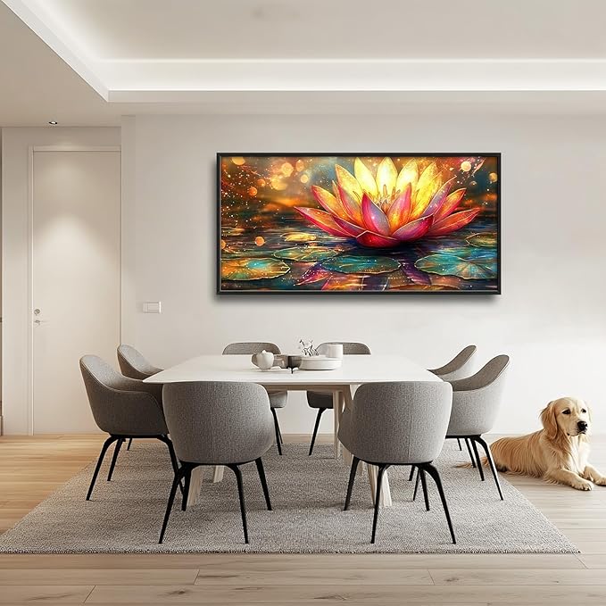 Framed Large Lotus Wall Art for Living Room, Oversized Lotus Flower Wall Decor Zen Golden Floral Canvas Painting Modern Artwork Home Decoration for Living Room Bedroom Office 60"x30"-PawvioPets