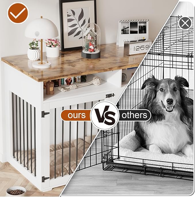 Dog Crate Furniture for 2 Dogs, 55 Inch Dog Crate Indoor with Removable Divider and Shelf Storage, Wooden Dog Crates for Medium/Large Dogs, White-PawvioPets