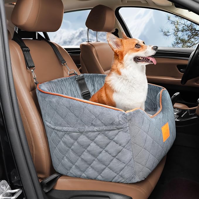 Dog Car Seat for Small Dogs, Memory Foam Booster Dog Seat for Dogs up to 35 lbs, Elevated Pet Car Seat with Washable Removable Cover, Storage Pockets (Gray)-PawvioPets