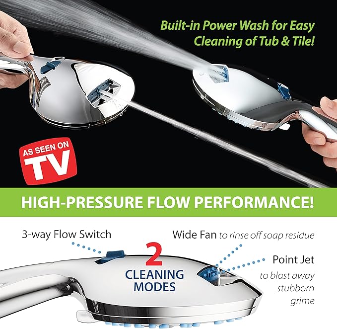 AquaCare High Pressure 8-mode Handheld Shower Head - Anti-clog Nozzles, Built-in Power Wash to Clean Tub, Tile & Pets, Extra Long 6 ft. Stainless Steel Hose, Wall & Overhead Brackets-PawvioPets