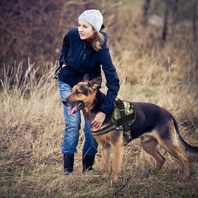 Dogline Dog Harness, Reflective No-Pull Adjustable Vest with Handle for Walking, Training, Breathable, No - Choke Harness for Small, Medium or Large Dogs Room for Patches Girth 22"-28" in Green Camo-PawvioPets