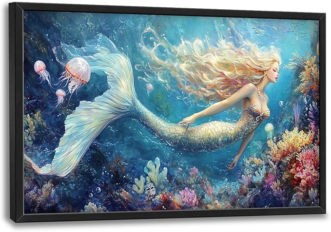 Extra Large Framed Mermaid Wall Art,Oversized Undersea Ocean Wall Decor,Colorful Coral Reefs Pictures for Living Room,Elegant Canvas Print Painting Modern Artwork Bedroom Bathroom 36L x 24W-PawvioPets