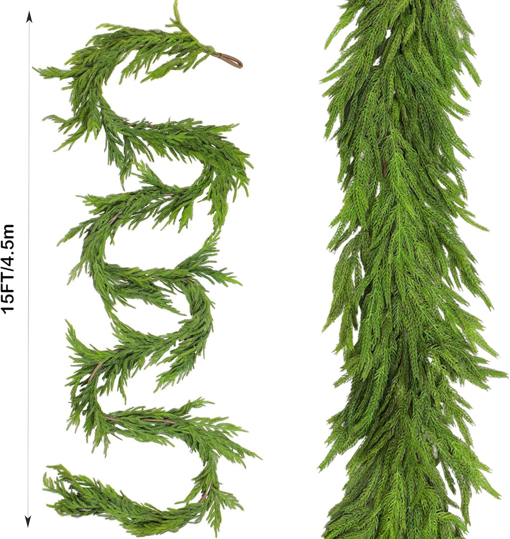15FT Christmas Garland Real Touch Norfolk Pine Garland Winter Pine Garland for Mantle Stairs Railing Table Fireplace Wall Indoor Outdoor Holiday Xmas Decor Decoration