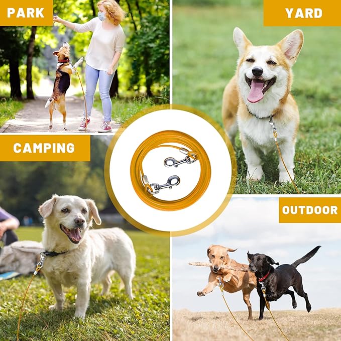 Dog Tie Out Cable 10/15/20/25/30 FT Runner for Yard Steel Wire Cable with Durable Superior Clips Yellow Chains for Outside Dog Lead for Large Up to 165 Lbs-PawvioPets