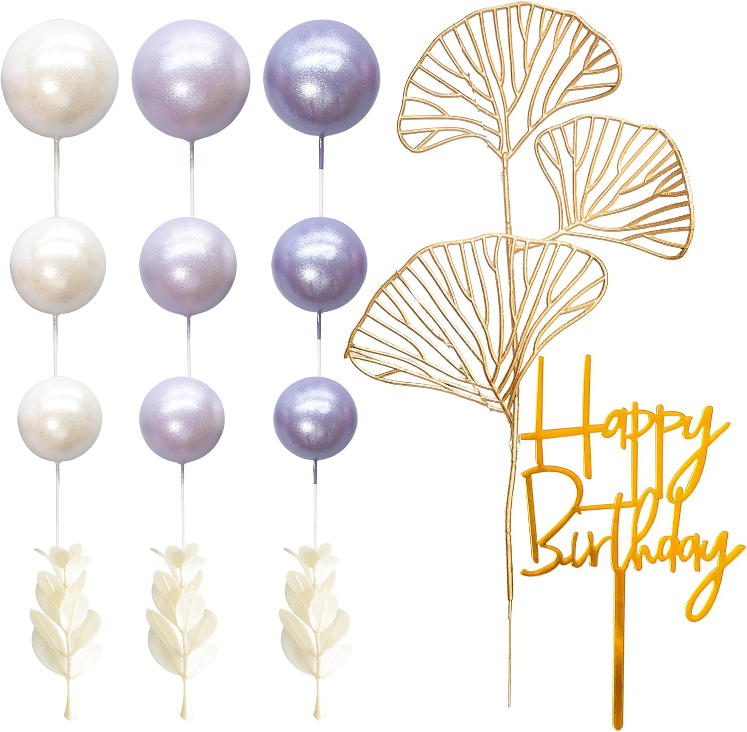 Gyufise 57Pcs Purple Balls Cake Topper Boho Grass Cake topper Pearl Balls Acrylic Happy Birthday Cake Decorations for Wedding Baby Shower Birthday Boho Themed Party Supplies Pearl Purple