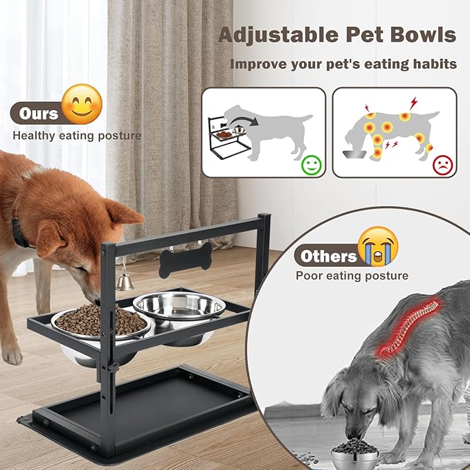 Elevated Slow Feeder Dog Bowls - Raised for Large Dogs, Adjustable Height, 2 Stainless Steel Bowls, Spill Proof Mat, Grey-PawvioPets
