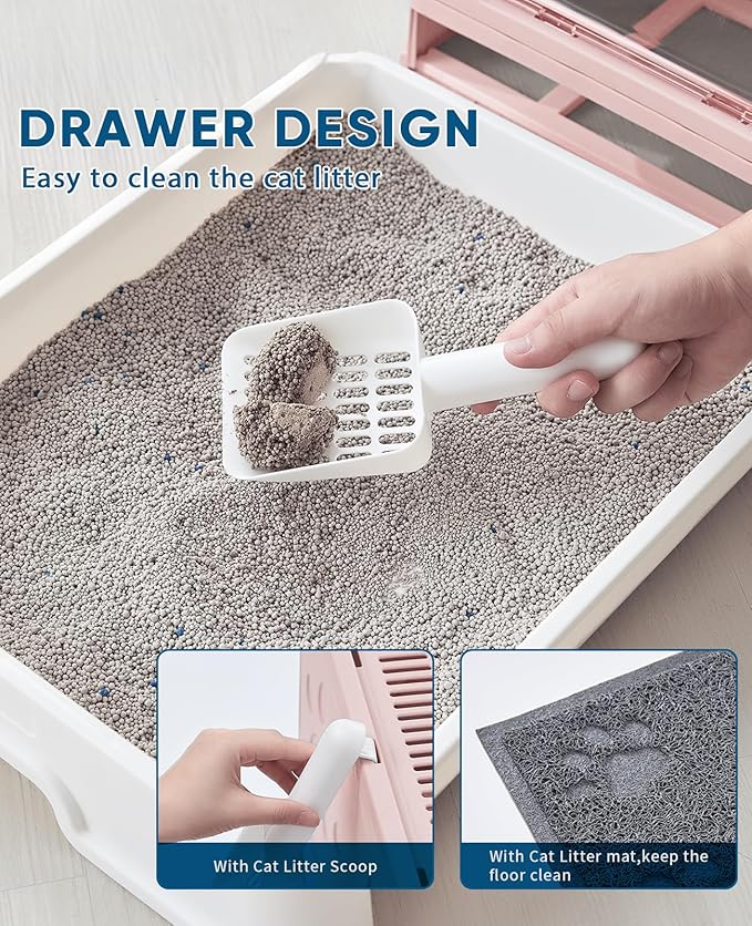 Cat Litter Box with Litter Mat and Scoop, Large Foldable Litter Box with Lid, Front Entry Top Exit Kitty Box, Odor Control, Easy to Clean (Pink)-PawvioPets
