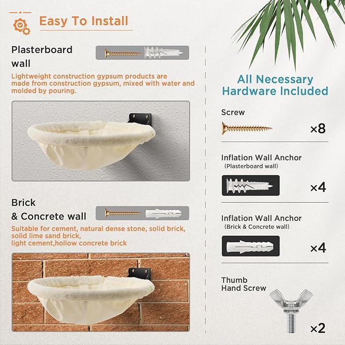 Cat Hammock Wall Mounted, Foldable & Stable Cat Beds- Breathable Cats Wall Shelves for Sleeping, Playing, Climbing, and Lounging - Maximum Hold Up to 30lb（Cream,Faux Rabbit Fur）-PawvioPets