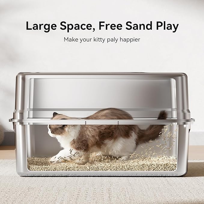 All-Metal 28" Extra Large Stainless Steel Cat Litter Boxes with Lid Metal Cat Litterbox Pan for Big Cats and Multiple Cats, Anti-Leakage, Easy Cleaning, Include Scoop-PawvioPets