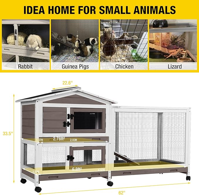 Aivituvin Rabbit Hutch 62" Rabbit Cage Indoor Outdoor Chicken Coop Guinea Pig Cage on Wheels Bunny Cage with 3 Deep No Leakage Pull Out Tray,Waterproof Roof (Brown)-PawvioPets