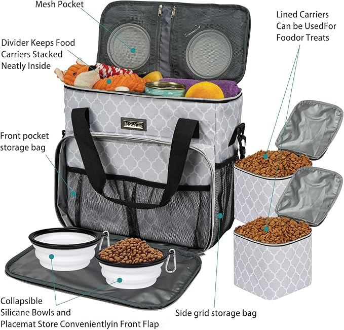BAGLHER Dog Travel Bag, Pet Travel Bag (ALL Pet Travel Supplies), With 2 Pet Food Containers and 2 Collapsible Silicone Bowls; Essential Kits for Pet Travel DLwhite-PawvioPets