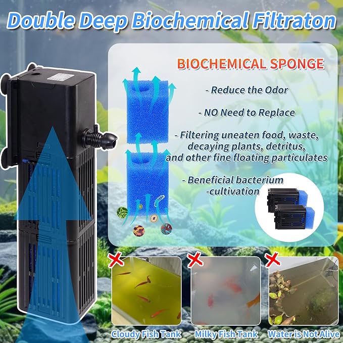 Aquarium Filter Water Flow Adjustable for 75-200 Gallon Fish Turtle Tank 400GPH Biochemical Filtration 4in1 Submersible Internal Powerful Pumps & Filters Keep Freshwater Saltwater Crystal Clear Large-PawvioPets