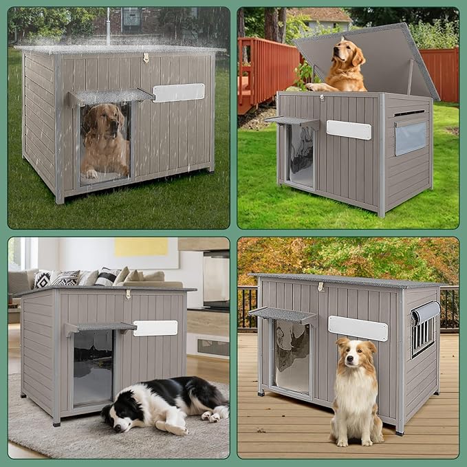 43.3" L Large Outdoor Dog House Weatherproof Doghouse for Medium to Large Dogs with Anti Bite Frames Wooden Dog Kennel with Window,8 Elevated Feet,Reinforced Bottom for Pet Up to 180 LBS-PawvioPets