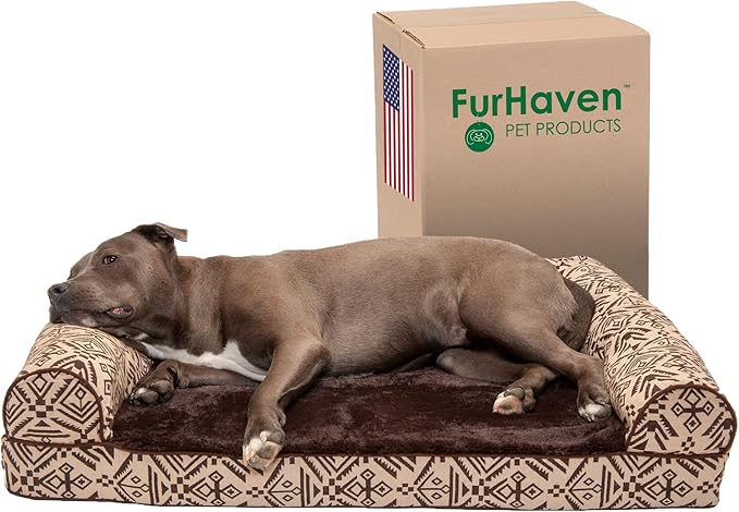 Furhaven Orthopedic Dog Bed for Large/Medium Dogs w/ Removable Bolsters & Washable Cover, For Dogs Up to 55 lbs - Plush & Southwest Kilim Woven Decor Sofa - Desert Brown, Large-PawvioPets