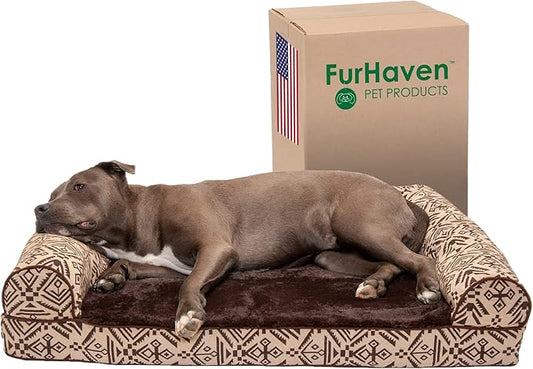 Furhaven Orthopedic Dog Bed for Large/Medium Dogs w/ Removable Bolsters & Washable Cover, For Dogs Up to 55 lbs - Plush & Southwest Kilim Woven Decor Sofa - Desert Brown, Large-PawvioPets