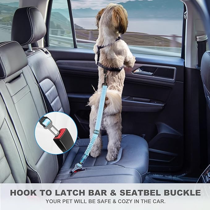 Dog Seat Belt 3-in-1 Car Harness for Dogs Adjustable Safety Seatbelt for Car Nylon Reflective Bungee Fabric Dog Car Harness with Clip Hook Latch & Buckle, Swivel Zinc Alloy Carabiner (Light Blue)-PawvioPets