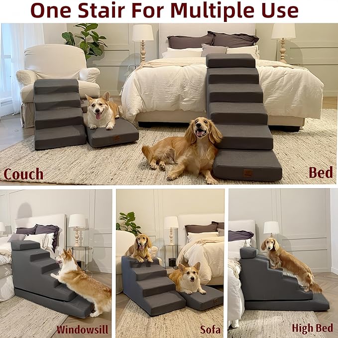 Dog Stair ramp for 30 inch high beds. 6-Step Dog Stair Ramp for 20 to 36 Inch Sofa Beds. Pet Steps for Small, Medium and Large Dogs. Non-Slip, Balanced and Portable. Multifunctional 6 Steps, Gray.-PawvioPets