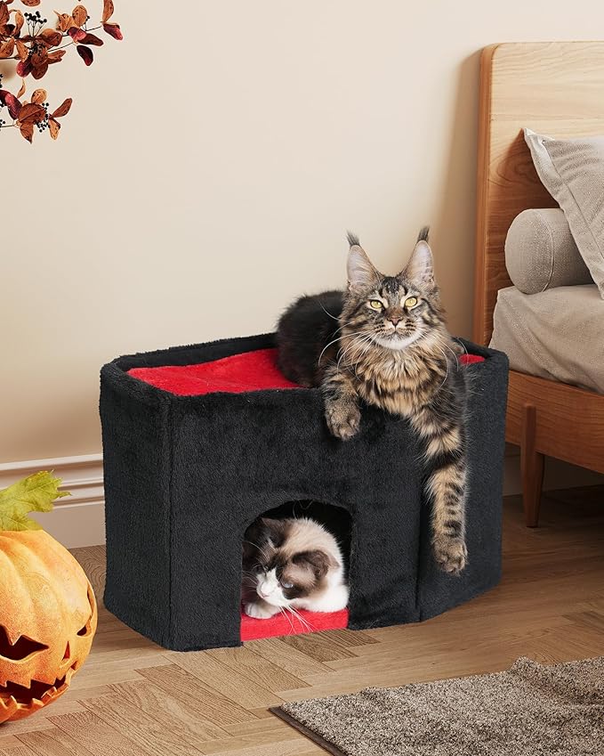 Gothic Cat Condo Cave for Indoor Cats, Spacious Indoor Coffin Cat House Bed,Large 20x13.5inch Bunk Perch, Stable Cubbie for Pets Rabbits, Halloween Red Black-PawvioPets