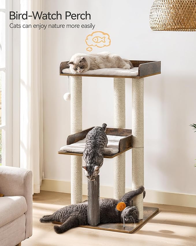 FourFurPets 43.7" Cat Tree, Modern Cat Tree Tower, Cat Tower for Indoor Cats Large Adult, Cat Condo with Scratching Post, Large Perch and Removable Pads,Rustic Brown-PawvioPets