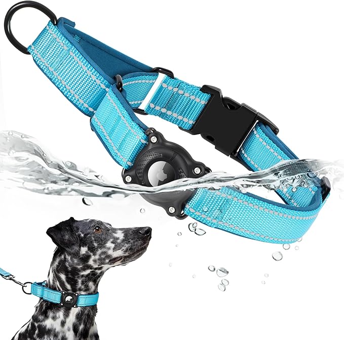 Airtag Dog Collar with Martingale Design, IP68 Waterproof Air Tag Collar Holder, Adjustable Reflective Soft Padded Nylon Dog Collar for Large Medium Small Dogs-PawvioPets