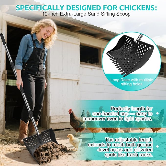12-Inch 2-in-1 Chicken Poop Scooper & Rake – US Patent Pending – 3-Shape Sifting Holes Chicken Coop Rake，Stainless Steel Handle （20–61"）– Litter Scoop Sand & Sifting Shovel for Chicken Coops (Black)-PawvioPets