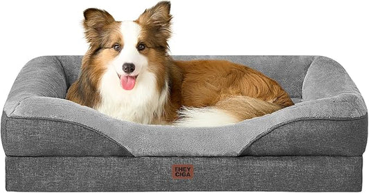 EHEYCIGA Memory Foam Dog Bed for Large Sized, Orthopedic Dog Sofa with Sides and Waterproof Liner, Washable Bolster Pet Couch with Removable Cover, 41x27x7.5 Inch, Grey-PawvioPets