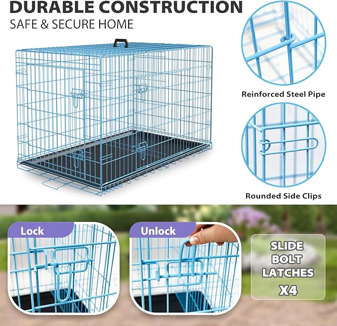 BestPet | Dog Crate | 48" | Blue | Foldable Metal Kennel with Double Doors, Secure Slide-Bolt Latches, Leakproof Tray | Portable Dog Cage for Large Breeds | for Travel, Indoor & Outdoor Use-PawvioPets