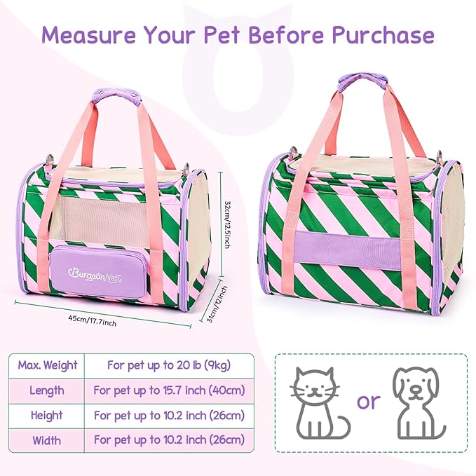 BurgeonNest Cat Carrier, Dog Cat Carriers for Large Medium Cats Under 20 lbs, Soft Sided Pet Carrier, Collapsible Travel Carry Puppy Kitten Cat Carrier with Big Side Bag (Medium, Pink-Green)-PawvioPets