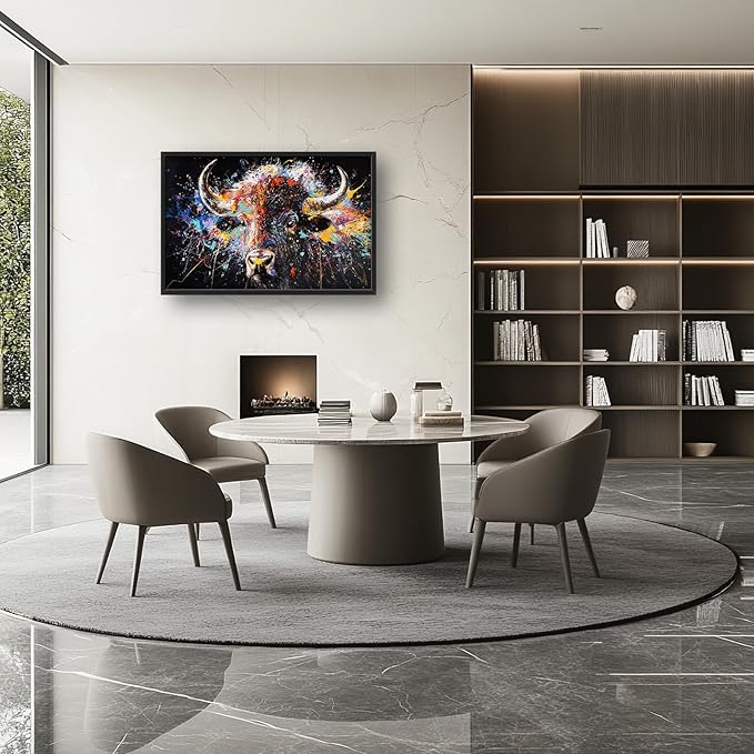 Framed Large Bison Buffalo Wall Art for Living Room, Oversized Graffiti Yak Cow Wall Decor Banksy Bull Canvas Painting Animal Pictures Modern Artwork for Living Room Bedroom Office 36"x24"-PawvioPets