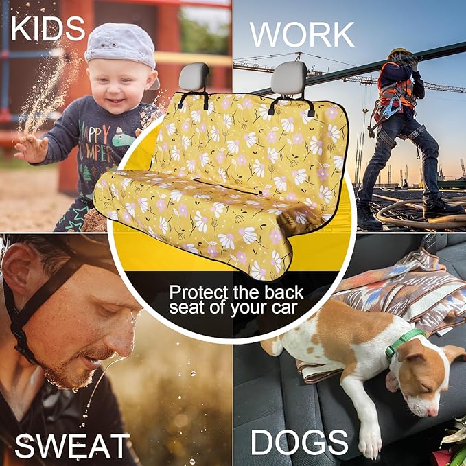 Back Seat Cover for Car Trucks Van SUV,Waterproof Rear Bench Towel Seat Covers for Dogs and Kids,Automotive Backseat Protector (Chamomile and Yellow)-PawvioPets