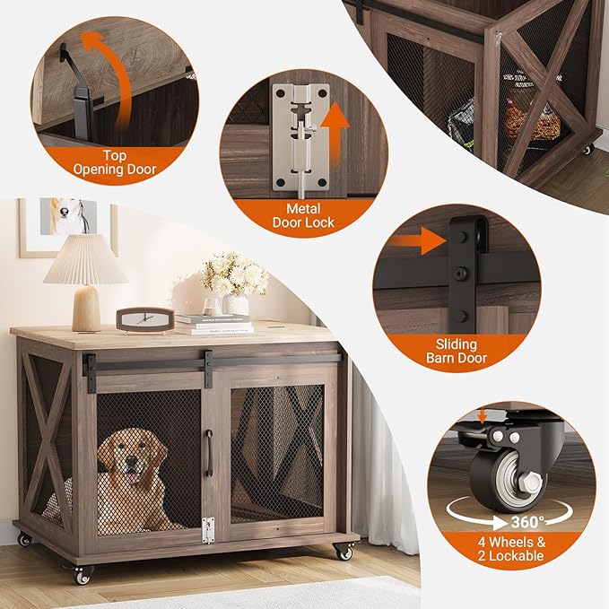 Dog Crate Furniture,37 Inch Indoor Dog Cage with Sliding Barn Door, Flip Top Dog Kennel End Table with Removable Divider, Farmhouse Wooden Pet House for Small to Middle Size Dogs-PawvioPets