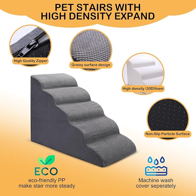 Dog Stairs for Bed, 5 Tier Dog Steps for Couch and High Bed, Non-Slip Pet Stairs, 24" High Sofa Foam Ramp - Best for Small Pets, Older Cats with Joint Pain-PawvioPets