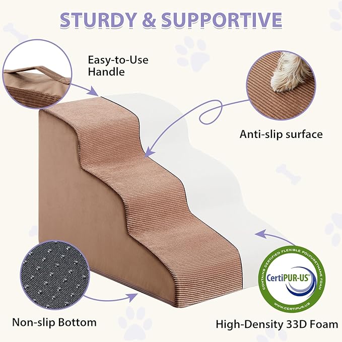 Dog Stairs for Small Dogs, 2-Steps Dog Ramp for Couch, Pet Stairs with Highly Supportive Foam and Non-Slip Bottom, Pet Steps for Cat & Doggie (High 11.8 Inch)-PawvioPets