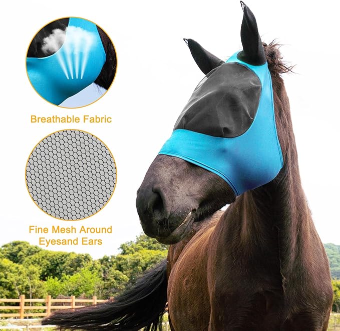 2 Piece Horse Fly Mask with Ears, Comfortable Fit Stretch Fabric Big Eye Space Soft Breathable with UV Protection for Full Horses (Blue-Pink)-PawvioPets