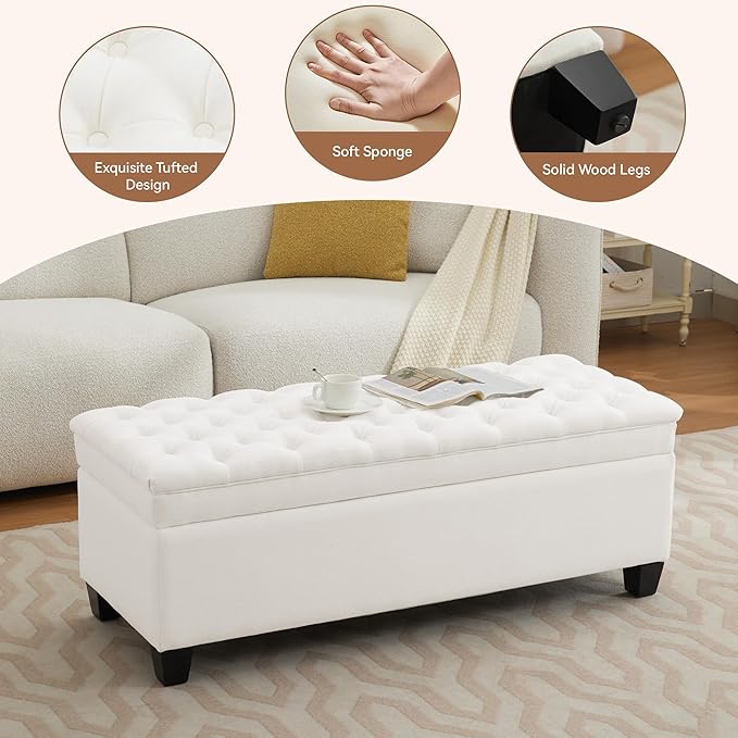 51" Fabric Storage Ottoman Bench, Upholstered Rectangle End of Bed Storage Ottoman Tufted Living Room Bedroom Bench with Safety Hinge, Solid Wood Legs, Loads 500 lb(Beige)-PawvioPets