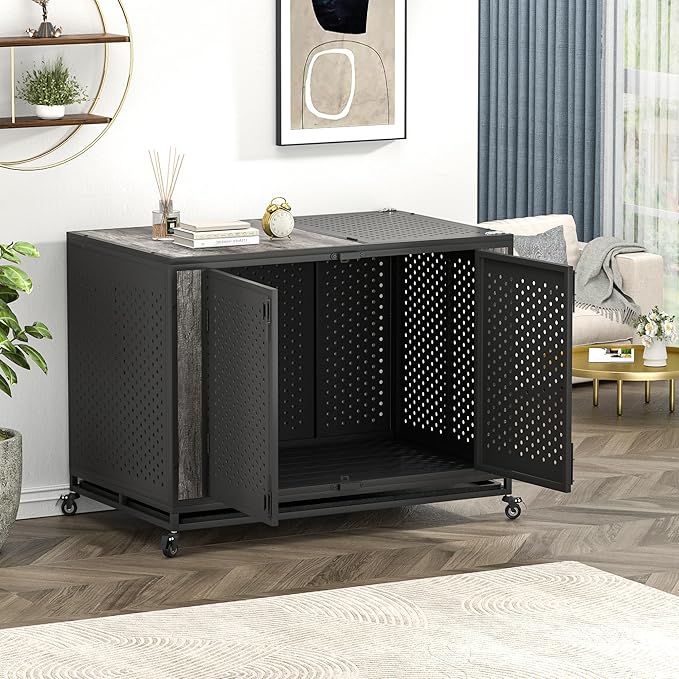 48" Heavy Duty Dog Crate Furniture for Extra Large Dogs, Enclosed Design with 0.5 inch Holes, Indestructible Metal Kennel for High Anxiety Dogs, Chew Proof Pet House Cage Indoor, Gray-PawvioPets