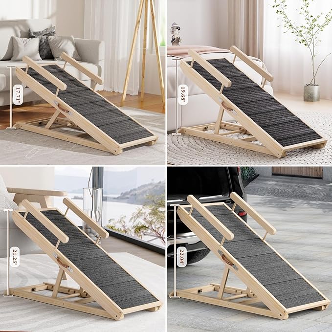 Dog Ramp for Bed, Couch, Car, Folding Pet Ramps 44.48" Long Adjustable 15"-22" Wooden Stairs with High Traction Mat & Safety Side Rails for Small & Medium Old Dogs & Cats, up to 200 lbs-PawvioPets