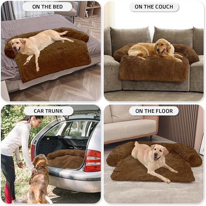 GGIB Calming Dog Bed Fluffy Plush Dog Mat for Furniture Protector with Removable Washable Cover for Large Medium Small Dogs and Cats (Extra Large (53x39.3x6), Brown)-PawvioPets