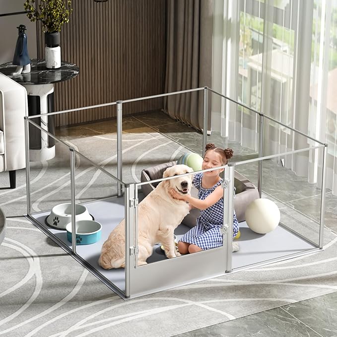 Dog Clear Playpen Fence Kennel: 32” Extra Tall Indoor Pet Birthing Cage Whelping Box with Waterproof Fertility Pad - 52”x52” Extra Large Dogs Exercise Crate Pen Made by Acrylic and Aluminum Frame-PawvioPets