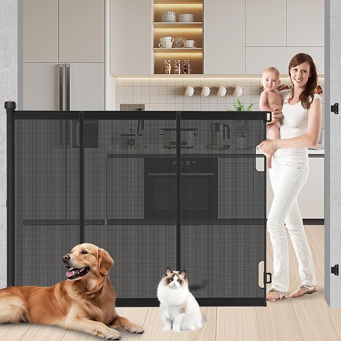 Extra Tall Retractable Baby Gates: 51" High Pet Gate, Extend up to 71" Wide, Mesh Baby Gate with Support Rods Jump-Proof Design for Cats & Large Dogs Tall Dog Cat Gate Indoor Outdoor, Black-PawvioPets