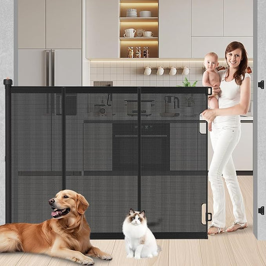 Extra Tall Retractable Baby Gates: 51" High Pet Gate, Extend up to 71" Wide, Mesh Baby Gate with Support Rods Jump-Proof Design for Cats & Large Dogs Tall Dog Cat Gate Indoor Outdoor, Black-PawvioPets