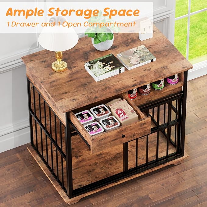 35.5" Dog Crate Furniture, Wooden Dog Crate Furniture for Medium Small Dogs, Wooden Dog Kennel End Table with Drawer and Open Shelves, Sliding Door Dog Kennel Furniture-PawvioPets