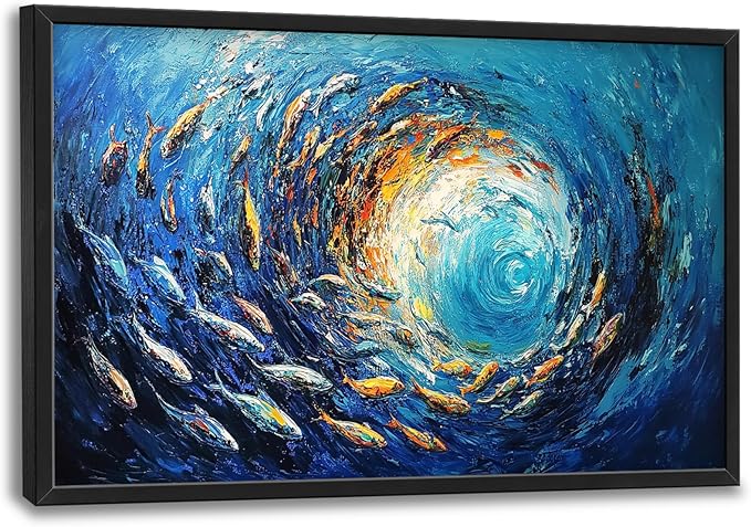 Extra Large Framed Abstract Ocean Fish Wall Art,Oversized Blue Sea Nautical Fish Wall Decor Pictures for Living Room,Canvas Print Painting Modern Artwork Bedroom Office Bathroom Home Decor 36L x24W-PawvioPets