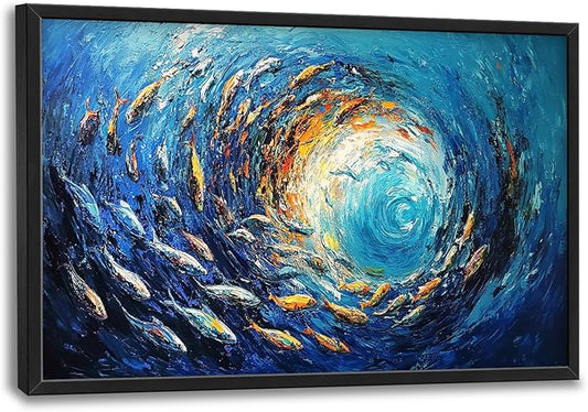 Extra Large Framed Abstract Ocean Fish Wall Art,Oversized Blue Sea Nautical Fish Wall Decor Pictures for Living Room,Canvas Print Painting Modern Artwork Bedroom Office Bathroom Home Decor 36L x24W-PawvioPets