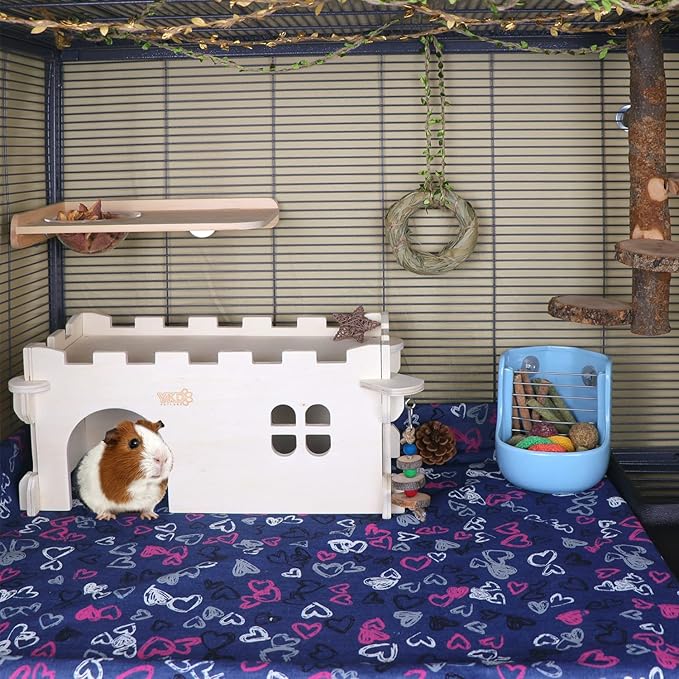 Castle Chinchilla House - Small Animal Hideout for Chinchilla Guinea Pig Hedgehog, or Rat - Ventilated Wooden Guinea Pig Hut Habitat with Multiple Doors (Large)-PawvioPets