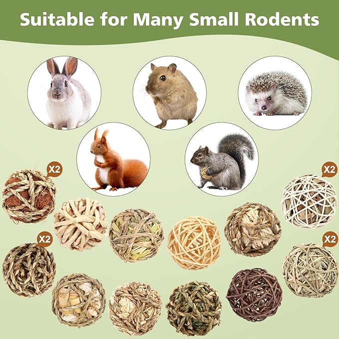 Bunny Chew Grass Balls, Rolling Chew Toys for Small Animals, Improving Dental Health, Natural Chew Grass Toys for Rabbits, Guinea Pigs, Chinchillas, Hamsters, Mice (16 Pcs)-PawvioPets